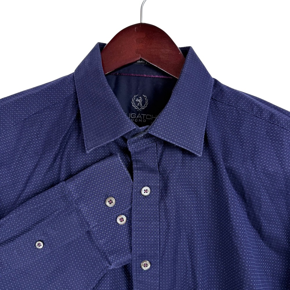 Bugatchi Uomo Mens‎ Navy Blue Textured Cotton Button Down Shirt Classic Fit XL